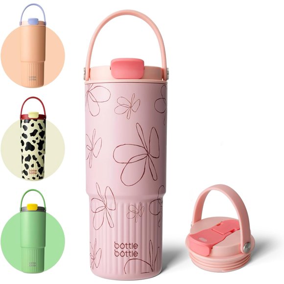 Insulated Water Bottle with Straw and Handle Stainless Steel Water Bottles for Car Sports Home Office and School 26oz Leak Proof(Blossom)
