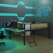 Duxelifin Low Loft Bed with Built-In Desk & LED Lights, Full Size Metal Loft Bed Frame for Kids, Teens, Space-Saving Kids Study Bed (Black+Natural)