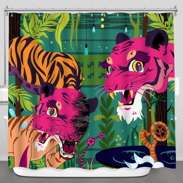 Vibrant Jungle Shower Curtain with Stylized Tigers - Bold Graphic Design