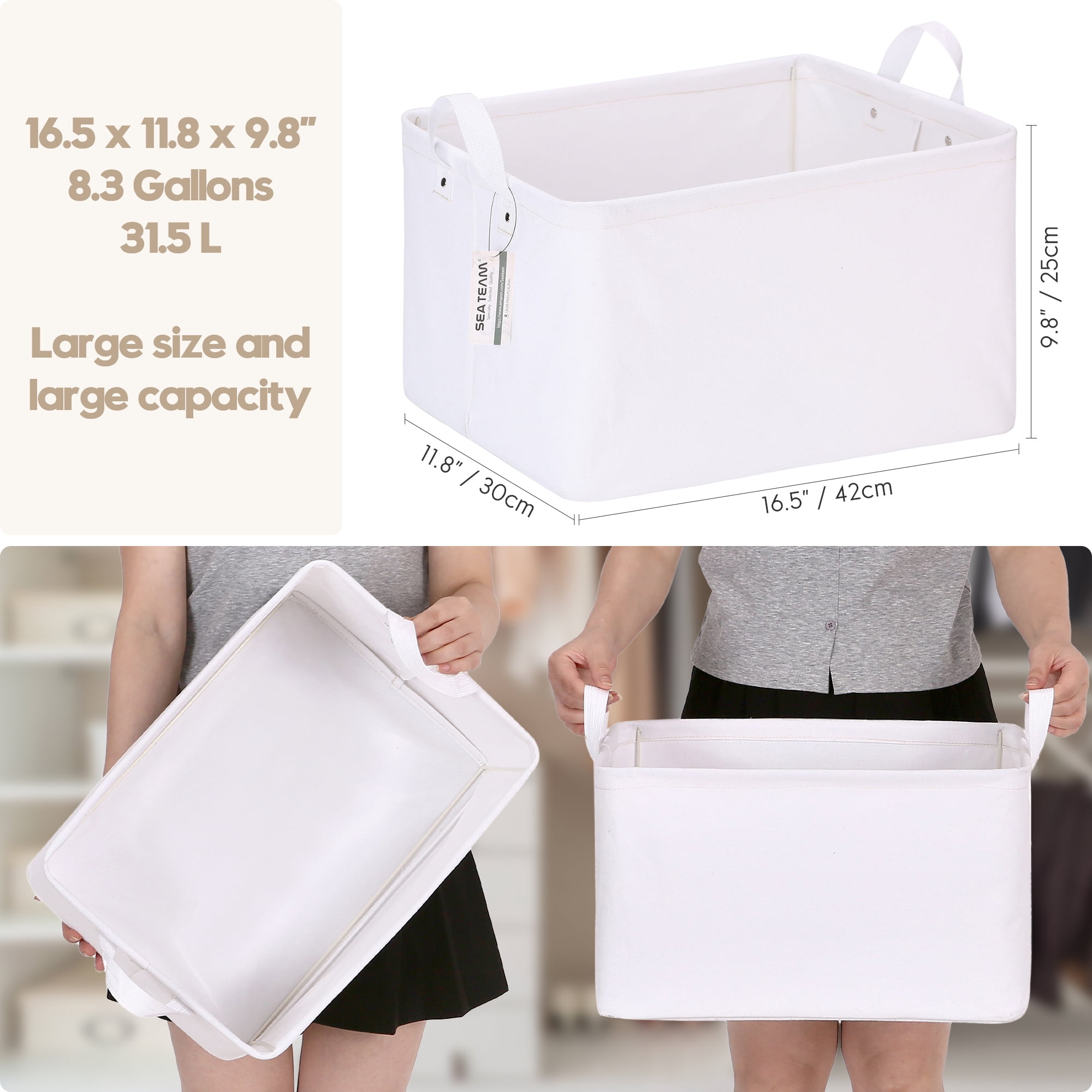 Sea Team 2-Pack Large Canvas Storage Bins for Shelves with Metal Frame, Rectangle Storage Baskets, Closet Organizers, Foldable Laundry Hampers, Containers for Clothing, Blankets, Toys, White