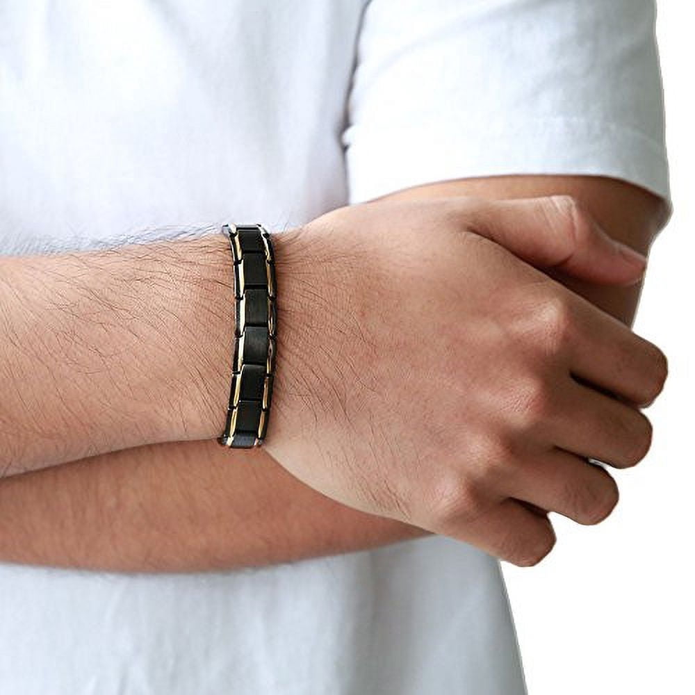 8.5" Mens Magnetic Steel Bracelet. Black with Gold Accent Lines - Fancy Box Included.