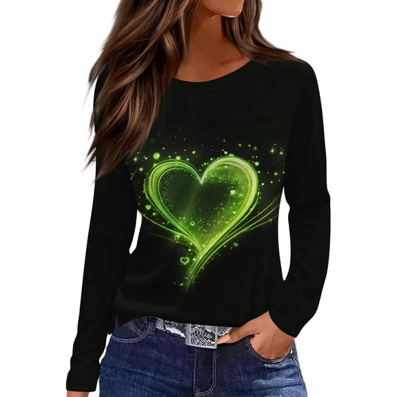 Lumtrix Valentine Shirts for Women Love Heart T Shirt Long Sleeve Valentines Shirt Casual Crew Neck Tee Loose Fitted Side Split Tops Light Green L