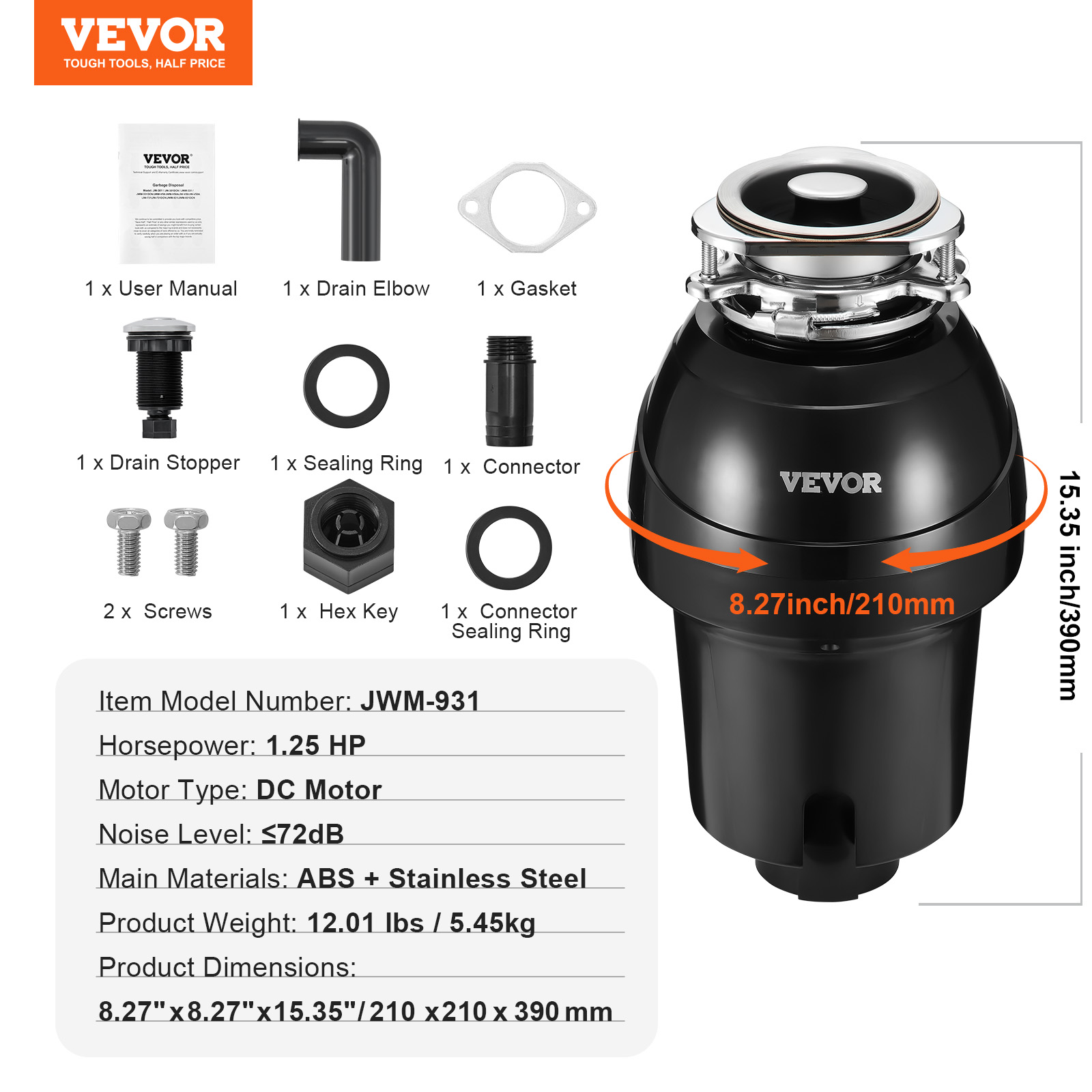 VEVOR Garbage Disposal, 1.25HP 3360RPM Continuous Feed Food Waste Disposer, EZ Connect Food Waste Grinding System with Sound Reduction, Power Cord & Splash Guard for Kitchen Sinks