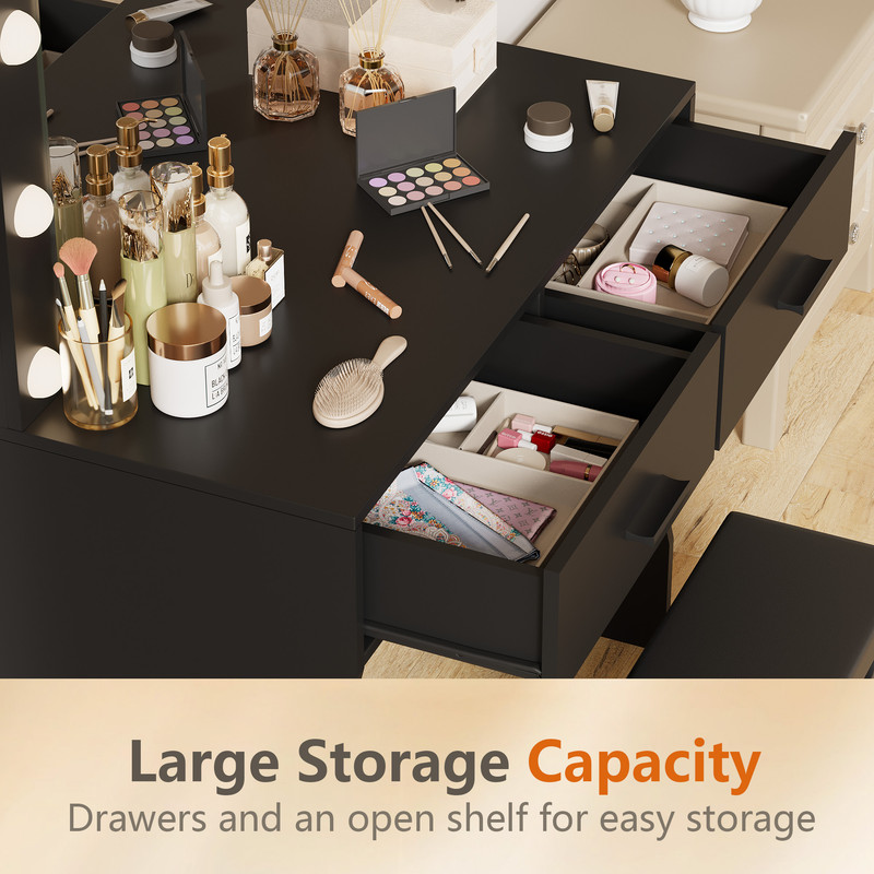Vineego Vanity Set with Mirror & Light, Makeup Vanity with 2 Drawers, Vanity Desk with Storage Stool for Bedroom, Black