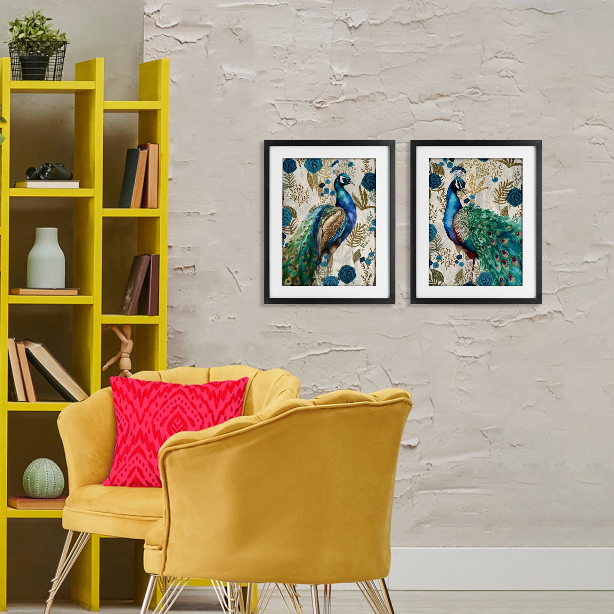 Stupell Industries Floral Peacock Pride 2 Piece Black Framed Print Under Glass Set, design by Kim Allen
