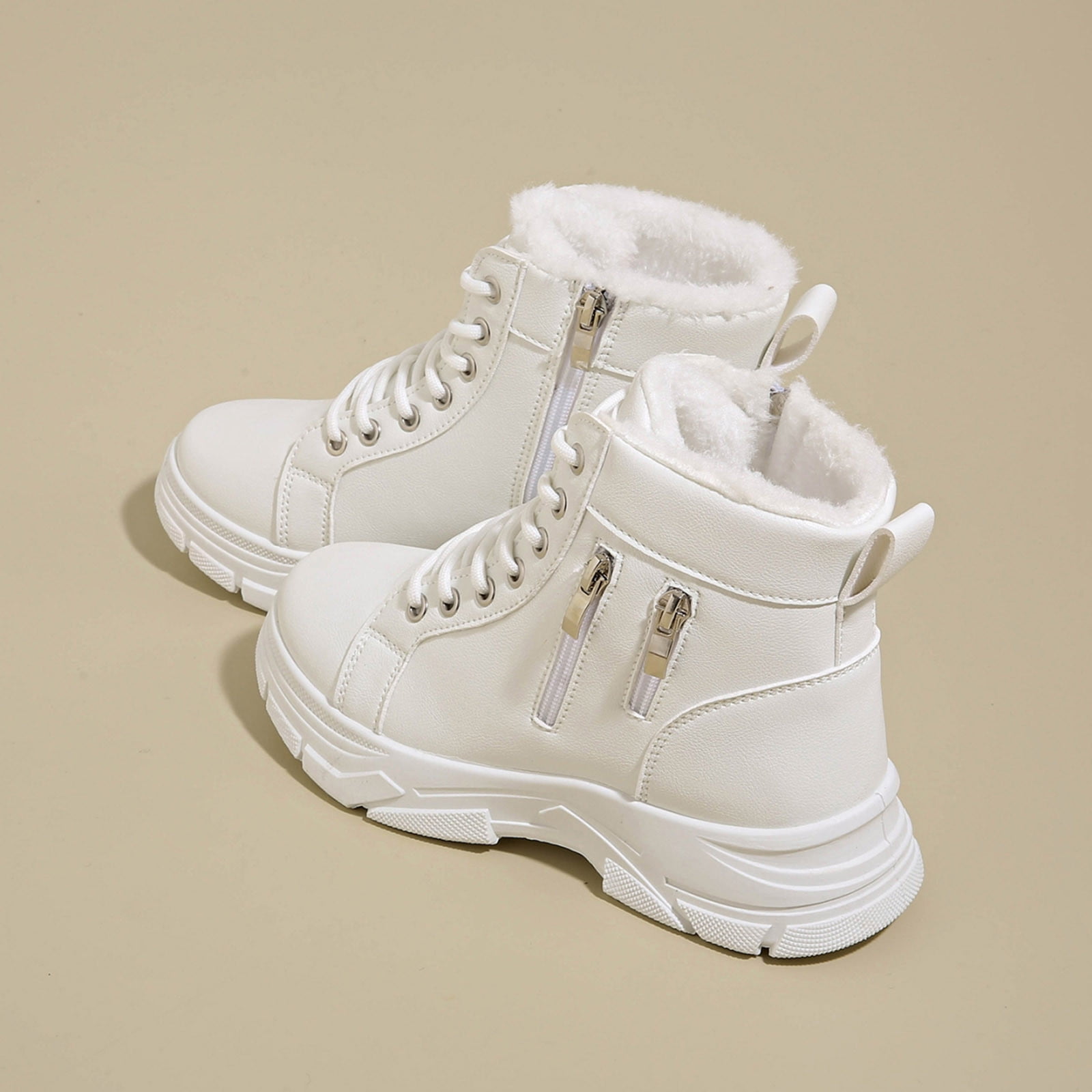 AUNVITO Bottes De Neige Chaudes Doublées En Polaire Pour Femmes Hiver Confortables Antidérapantes à Lacets Et Fermeture Éclair Marron Clair/blanc Vêtements De Travail Décontractés