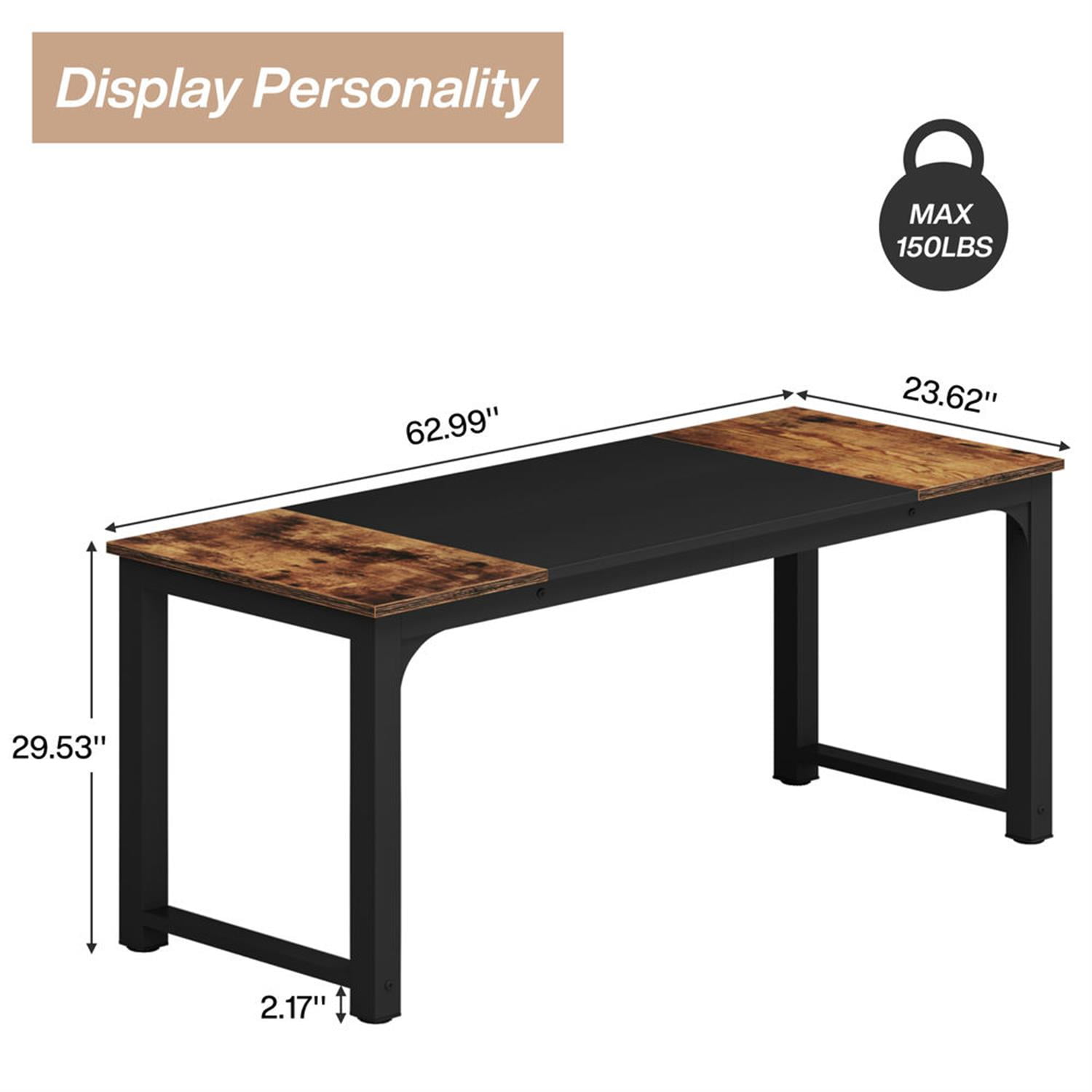 Demi Bonn 70" Executive Computer Desk with Metal Frame, Industrial Duty Study Writing Gaming Table for Home Office, Rectangle Conference Table, Brown