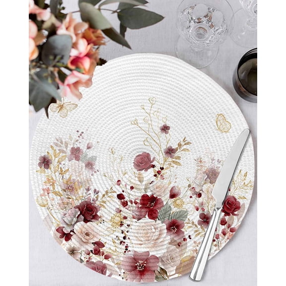 15 Inch Round Placemats Set of 4, Red Spring Floral Non Slip Heat Insulation PP Table Mats, Elegant Pastoral Flowers Watercolor Washable Place Mats for Kitchen Dining Party Table Decor