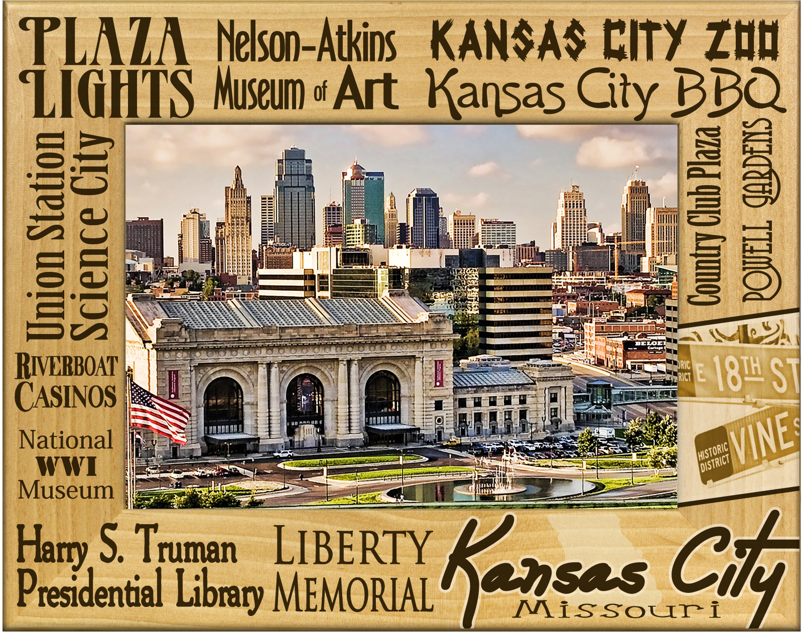 Kansas City Missouri Landmarks Laser Engraved Wood Picture Frame (4 x 6