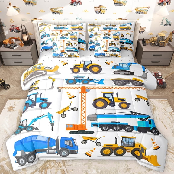 Homewish Excavator Crane Pattern 7-Piece Twin Bedding Sets,Construction Vehicles Bedding Comforter Set,Blue Yellow White Sheet Sets For Boys Kids,Luxury Bedroom Decor