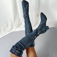 thumbnail image 4 of Mepaouo Over The Knee Boots for Women Low Heel Denim Boots Pointed Toe Buckle Cowboy Boots, 4 of 9