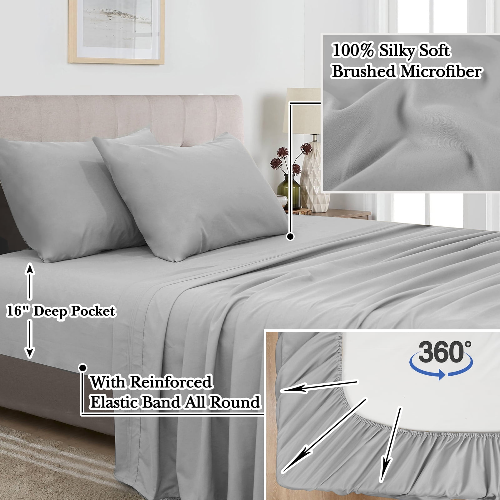 PHF 7 Pieces Printed King Comforter Set, Lightweight Reversible Botanical Bedding Set Include Comforter, Pillow Shams, Flat Sheet, Fitted Sheet and Pillowcases, Grey