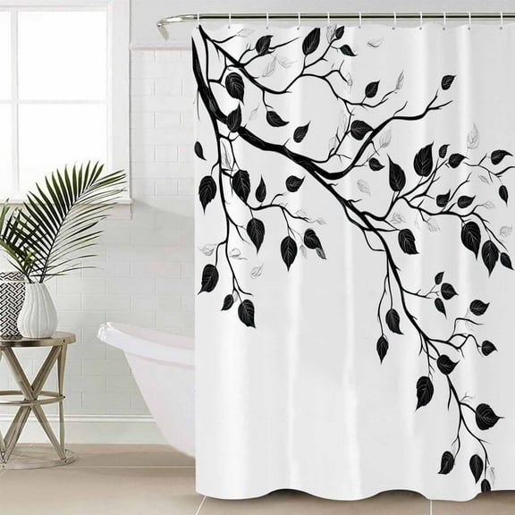 Black Botanical Waterproof Fabric Shower Curtain, Watercolor Summer Botanical Shower Curtain for Bathroom Curtains Bathtubs Hotel Washable Shower Curtains with 12 Hooks Standard 66x72