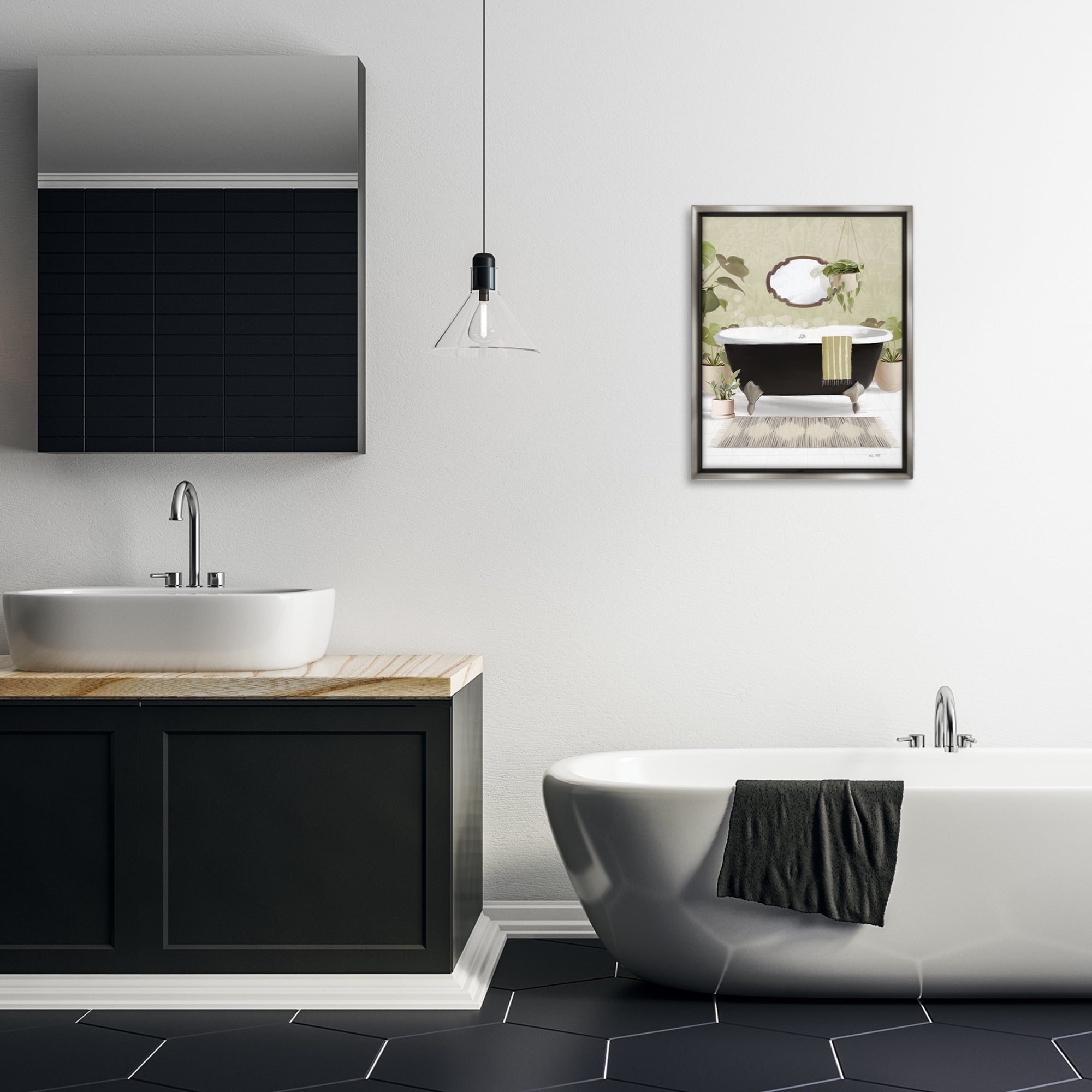 Stupell Industries Relaxing Bathroom Tub Bath & Laundry Painting Gray Floater Framed Canvas Art Print Wall Art, 17 x 21