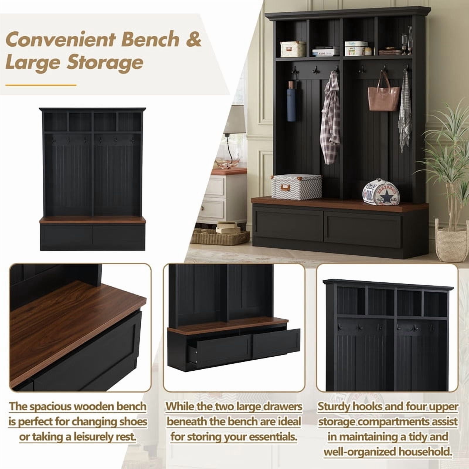Farmhouse 4-in-1 Hall Tree with Storage Bench, Versatile Coat Rack with 2 Drawers, Entryway Organizer with 6 Hooks for Hallway, Living Room