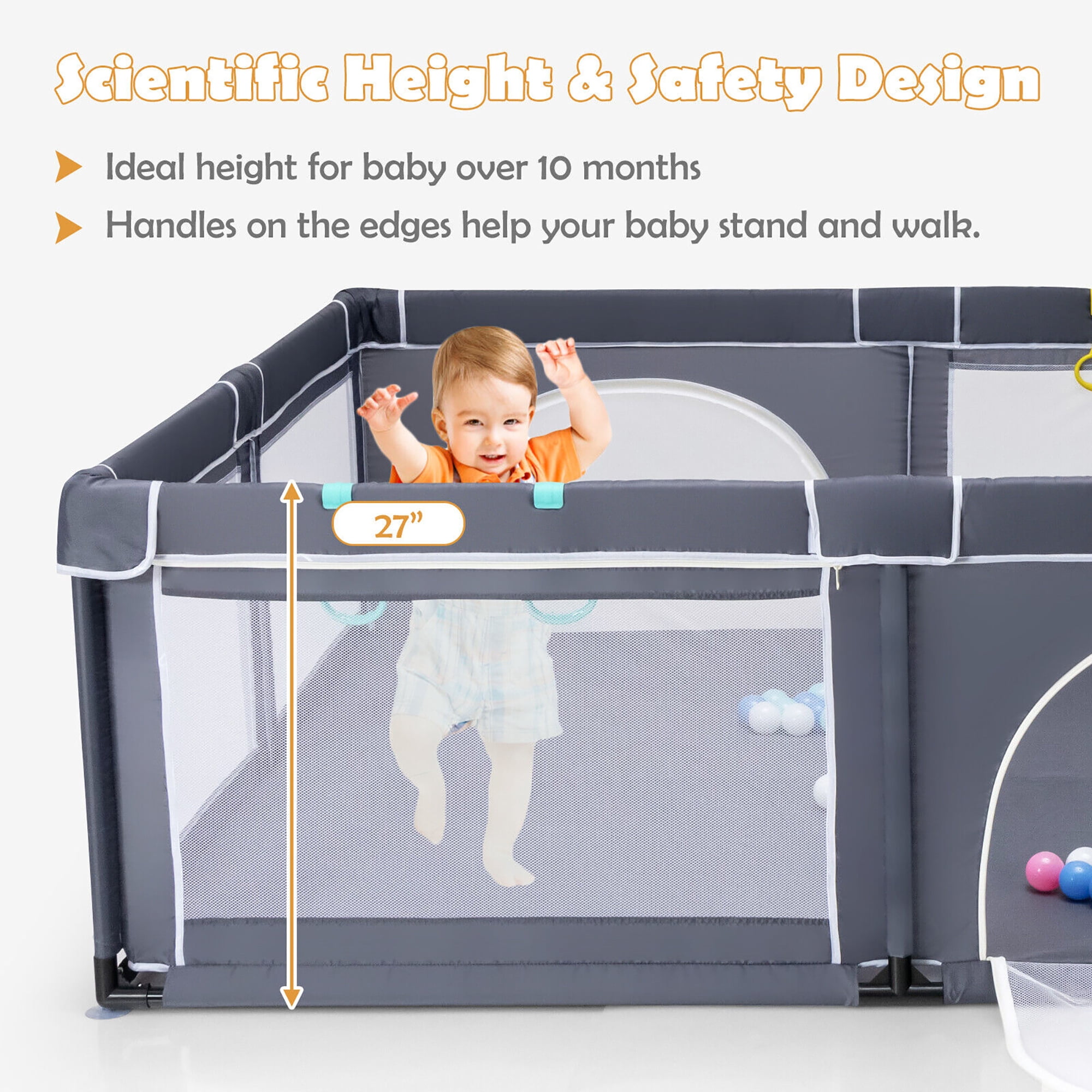 Gymax Extra Large Baby Playpen Safety Baby Play Yard w/ 50 Ocean Balls & 4 Handles Dark Grey