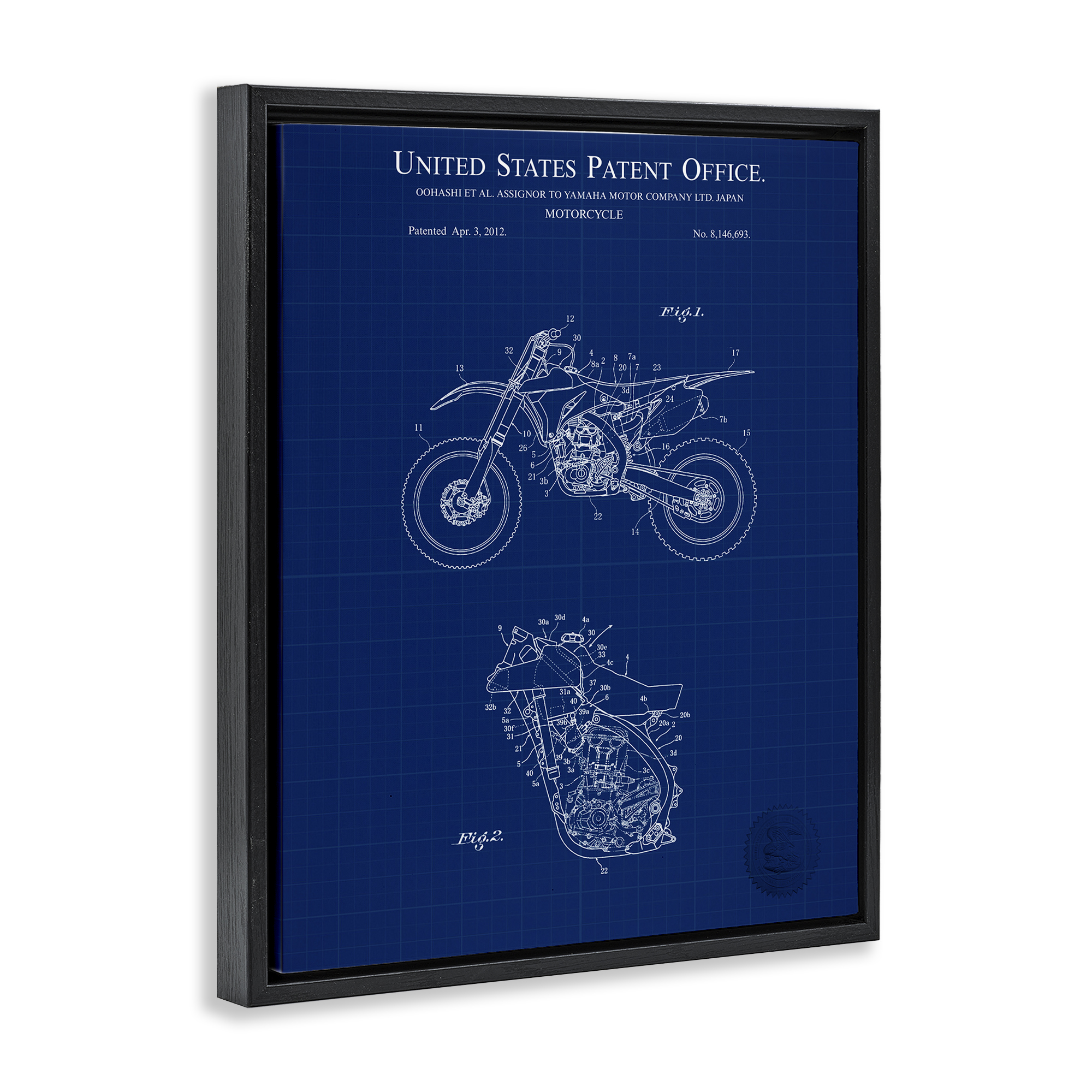 Stupell Industries Blue Motorcycle Blueprint Transportation Painting Black Floater Framed Art Print Wall Art, 25 x 31