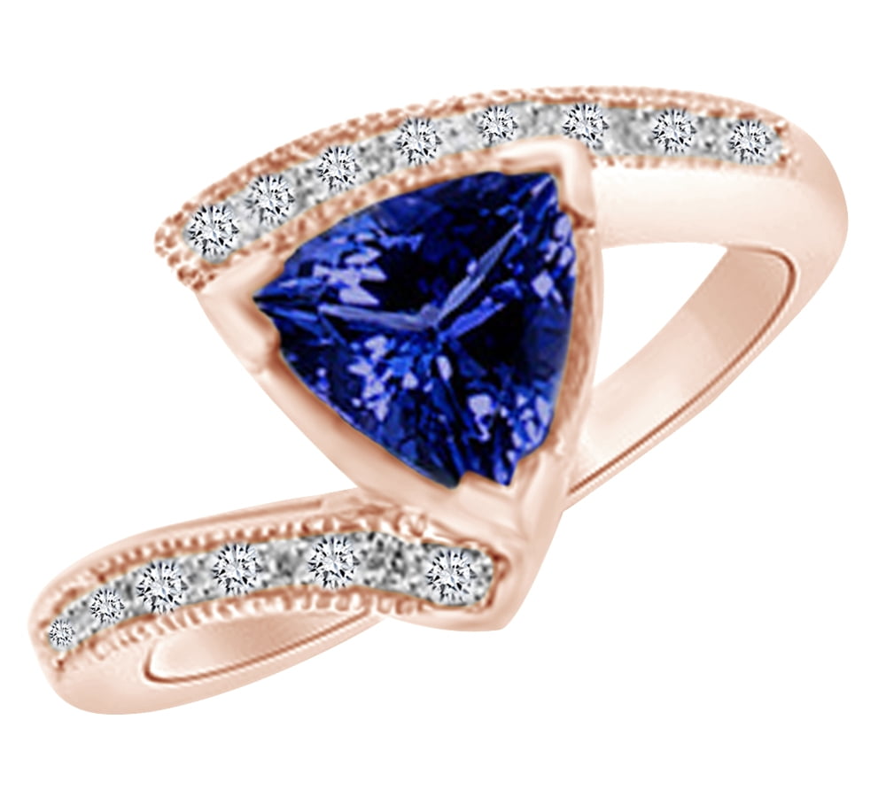 Simulated Blue Tanzanite & White Natural Diamond Bypass Engagement Ring In 14k Rose Gold (1.55 cttw)With Ring Size:-4 by Jewel Zone US