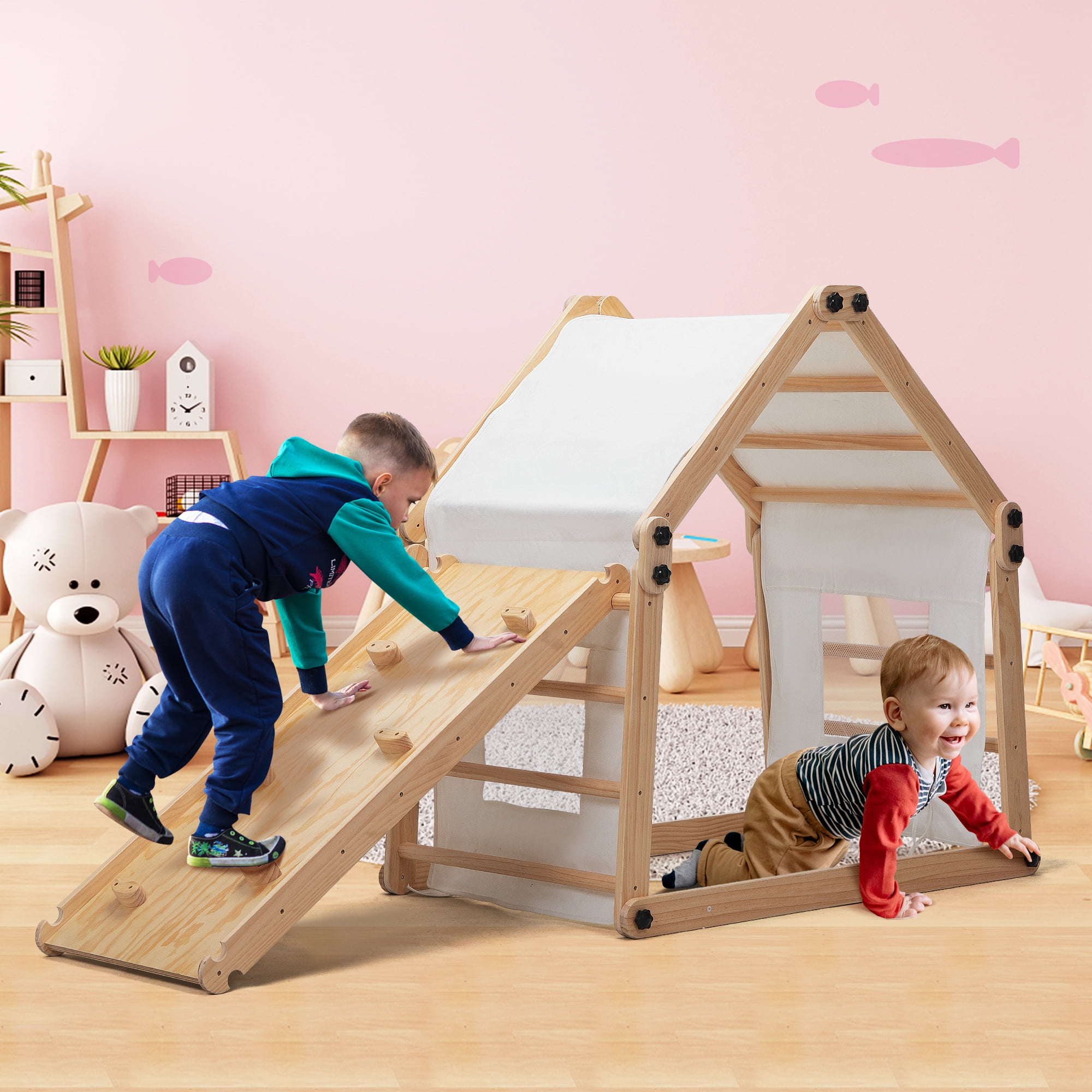 Jaxpety Wooden Triangle Climber Set with Ladder and Canvas Tent