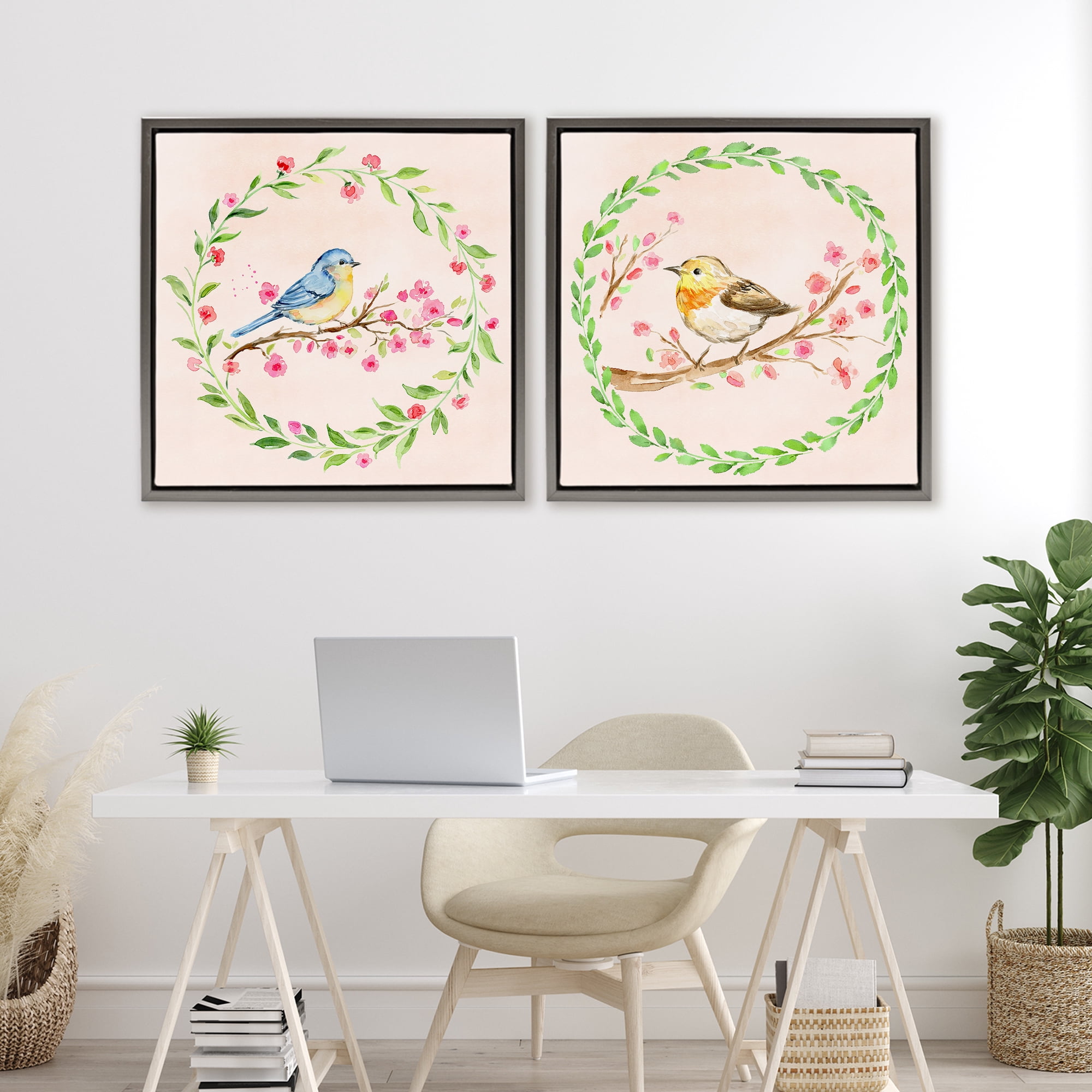 Spring Branches & Wreath Birds 2 Piece Gray Framed Floater Canvas Set, design by Elena Fay
