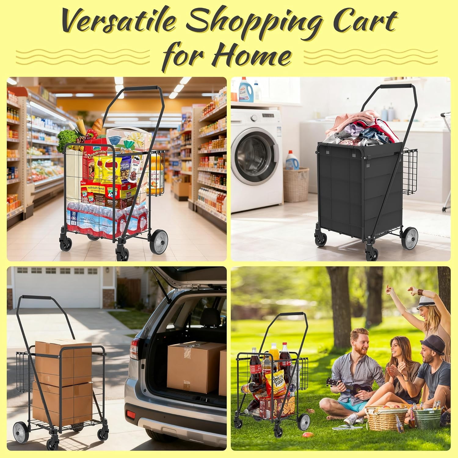 Rolling Grocery Cart 85L 100 lbs Capacity Dual-Basket with 5.5 Inch Metal Wheels for Shopping Camping