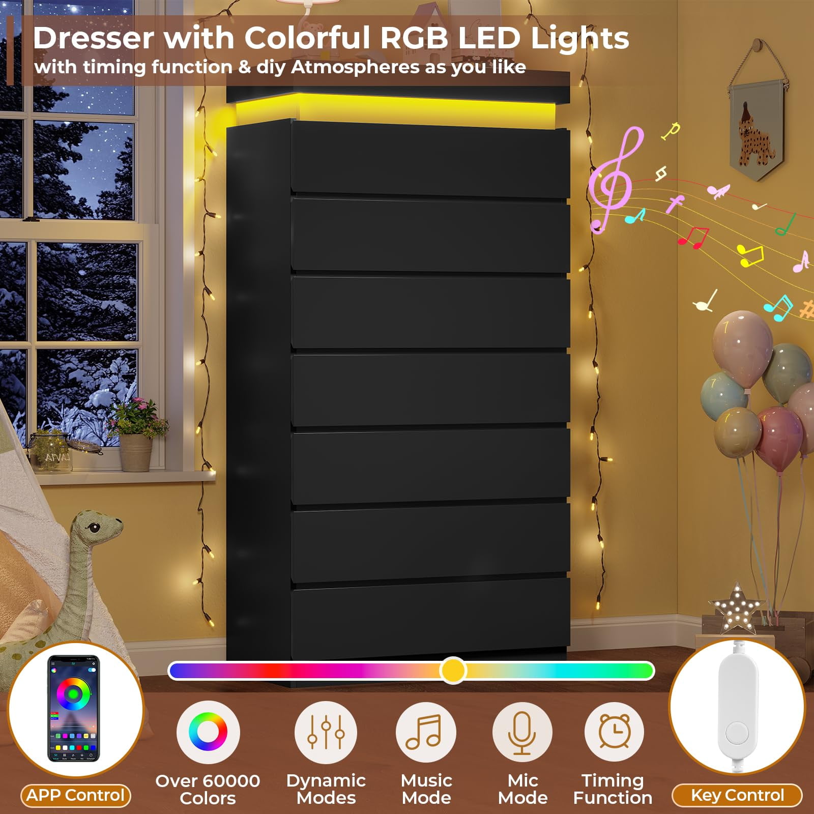 7 Drawer dresser with LED lights,chest of 7 drawers,modern large capacity storage cabinet with deep drawers, Black dresser for bedroom, living room