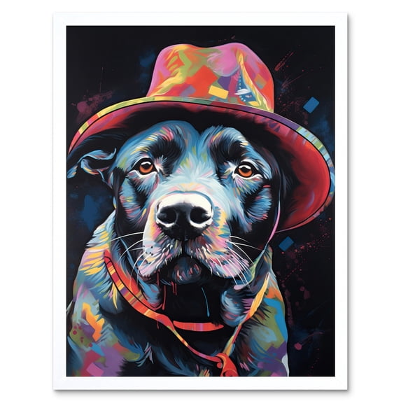 Pit Bull Terrier Dog Red Cowboy Hat Portrait Art Print Framed Poster Wall Decor 12x16 inch