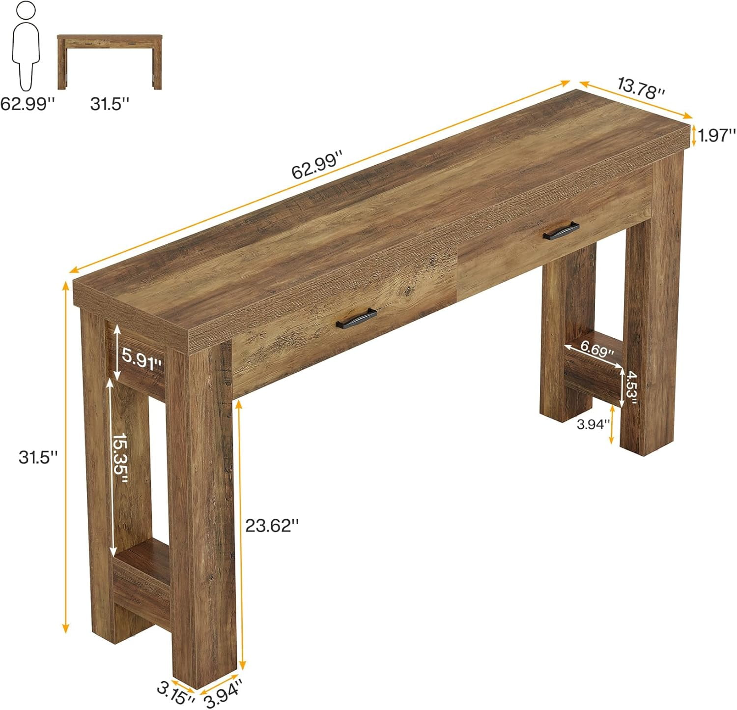 Finmind 63" Console Table: Farmhouse Entryway Table with 2 Drawers & Sturdy H-Shaped Legs for Hallway/Living Room/Bedroom, Rustic Brown
