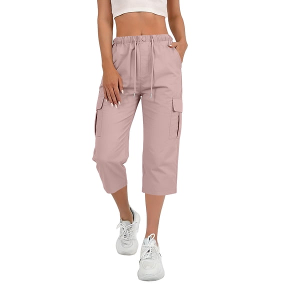hlysgo Women's Cargo Capris Pants Hiking Lightweight Quick Dry Outdoor Athletic Pant Travel Casual Loose Comfy Cute Trousers with Pockets Pink,XL