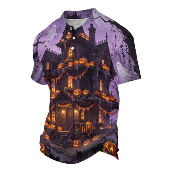 IAJDKMEK Halloween Men's Polo Short Sleeve Shirt - Vintage Graphic Button-Down Knit Shirt, Soft Breathable Summer Shirt for Daily, Party, Golf Shirt & Costume,Black L