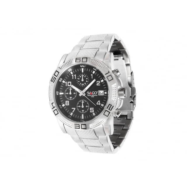 reloj mont fort análogo caballero cronógrafo acer/neg wallis w2600309 reloj de acero inoxidable plateado con esfera negra, vista 3/4 frontal; bisel fijo con marcadores, tres subesferas de cronógrafo, fechador a las 3 h y manecillas luminiscentes; diámetro 4.2 cm, resistente 10 ATM; adecuado para uso diario y viajes.
