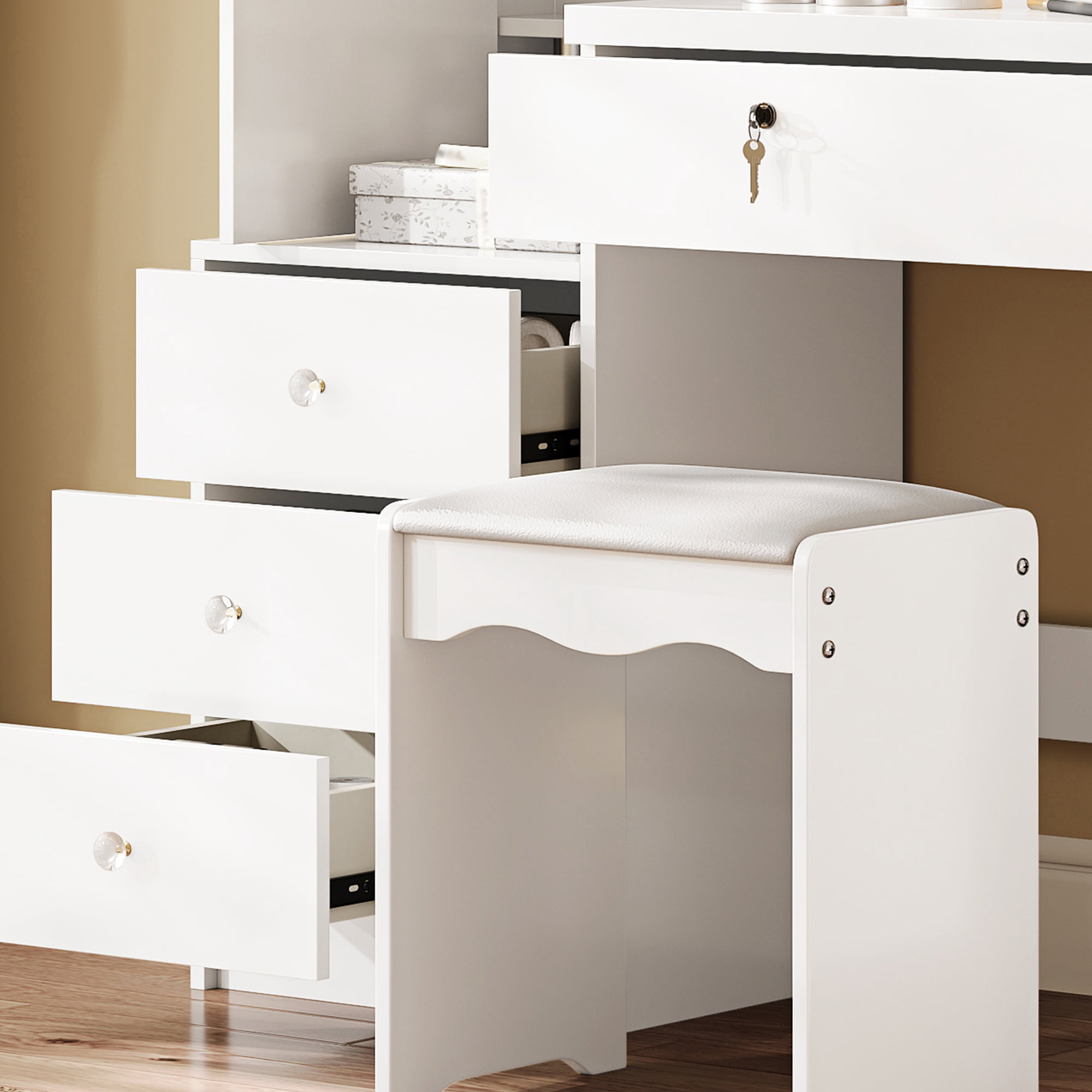 Vanity Desk Set with Sliding Lighted Mirror, Makeup Dressing Table with 4 Drawers & 9 Storage Spaces, Hidden Compartments and Cushioned Stool, White Beauty Furniture for Bedroom