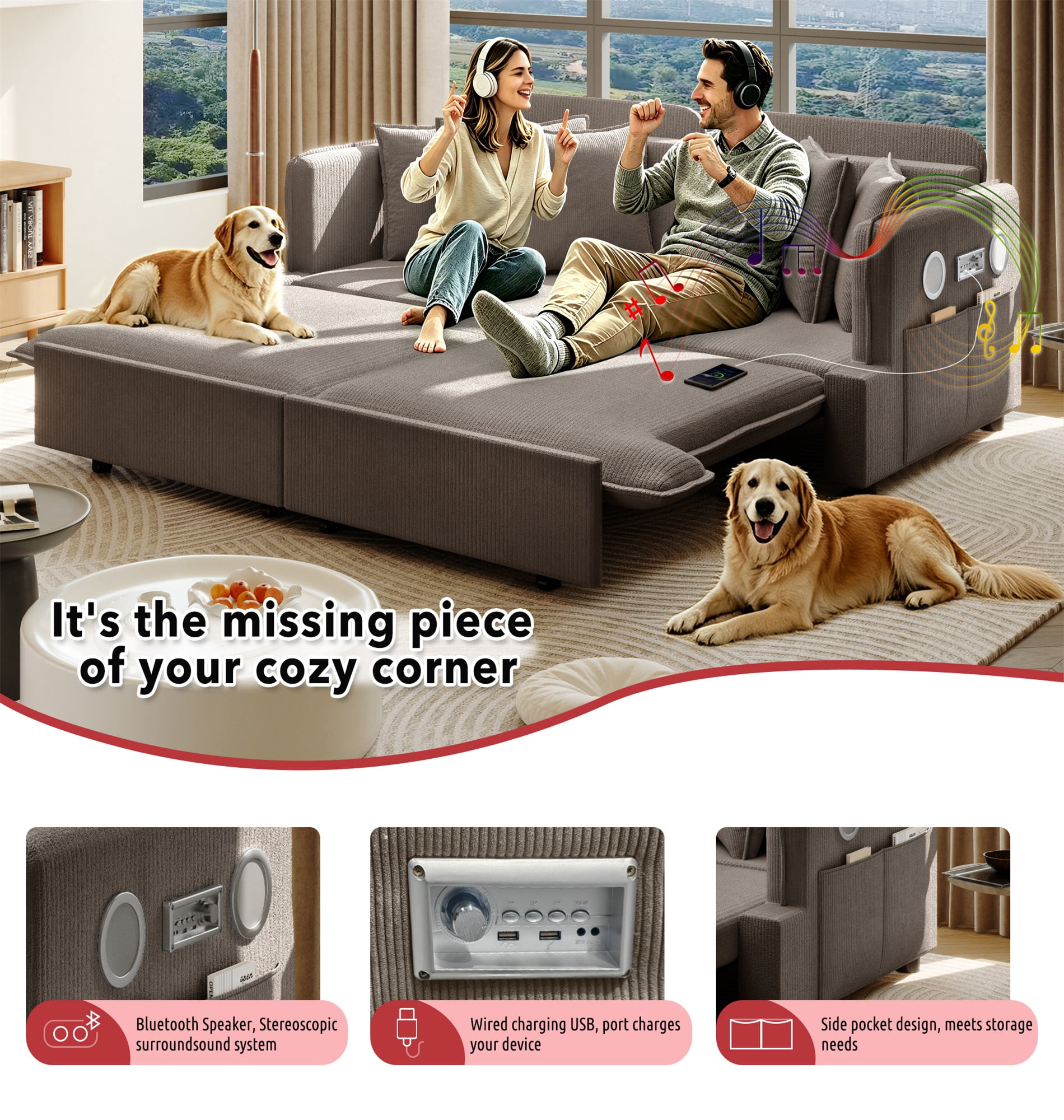 Alvantor 3 in 1 Convertible Sleeper Sofa Bed, 68" W Pull Out Sofa Bed with Bluetooth Speakers, USB Ports for living room, Apartment, Brown