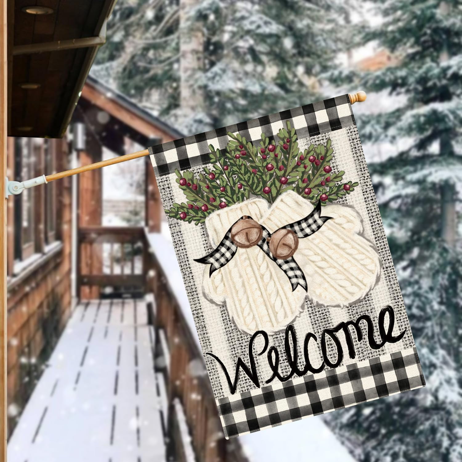 Lanola Gloves Holly Welcome Winter House Flag 28x40 Inch Double Sided, Buffalo Plaid Rustic Seasonal Yard Outdoor Decorative Flag