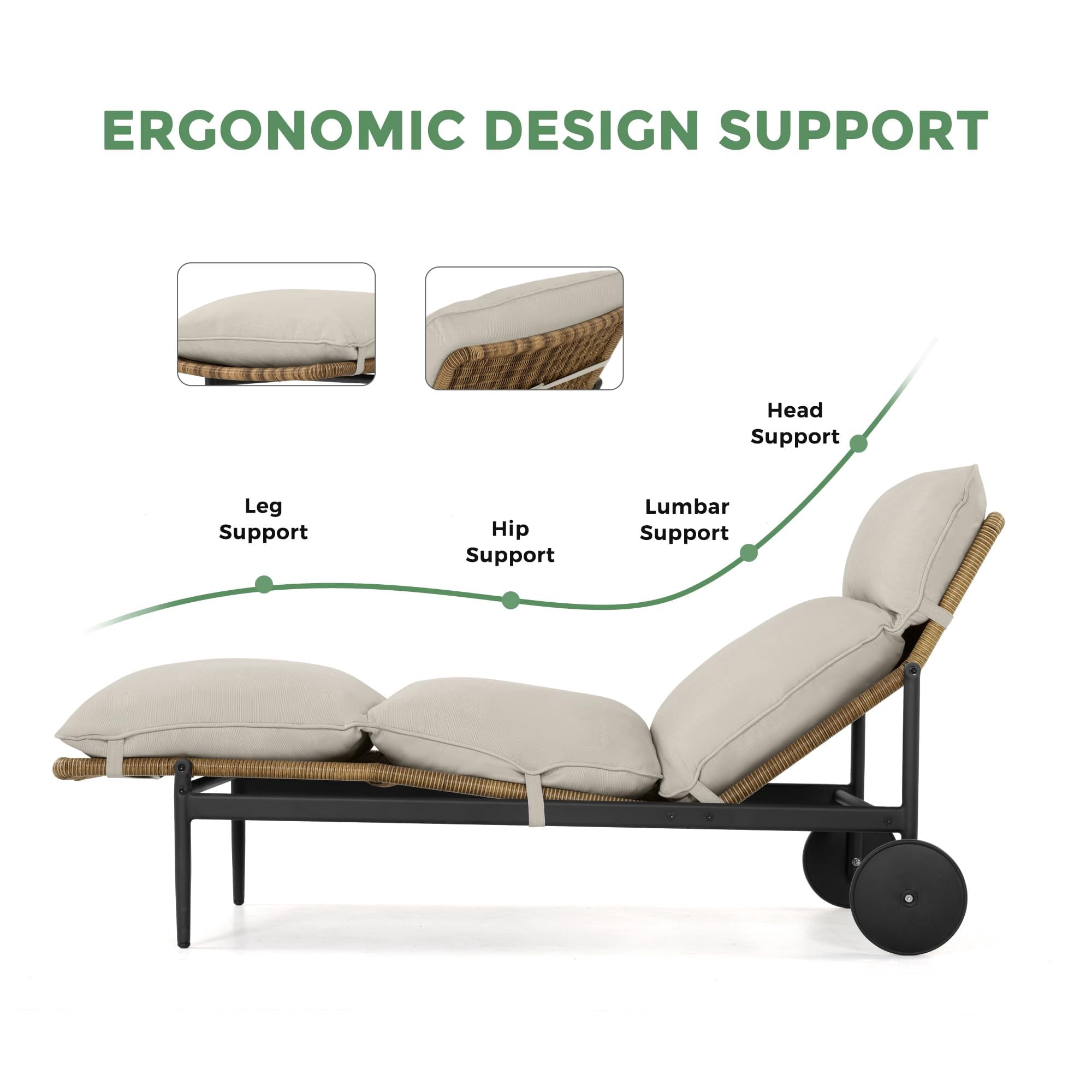 2PCS Patio Chaise Lounge Chair Set of 1 Outdoor Wicker Lounge Chairs with Cushion Wheels and Wood Table Poolside Backyard Deck Porch, Beige