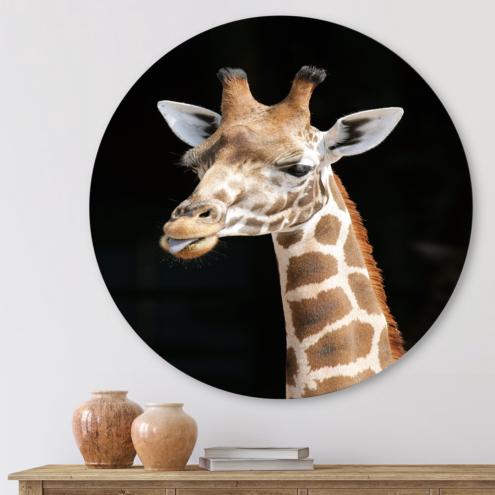 Designart 'Close Up Portrait Of A Giraffe On Black III' Farmhouse Circle Metal Wall Art 23x23 - Disc of 23