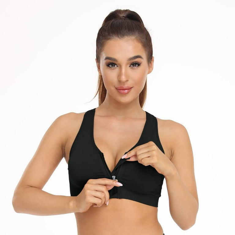 YAZI Women's Zip Front Sports Bra Wireless Post-Surgery Bra Active