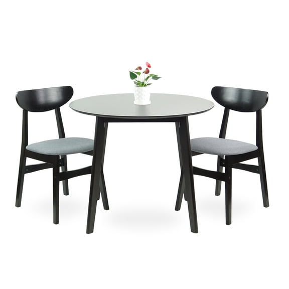 Set of 3 Dining Kitchen Round Table and 2 Yumiko Side Chairs Solid Wood w/Padded Seat, Espresso Color