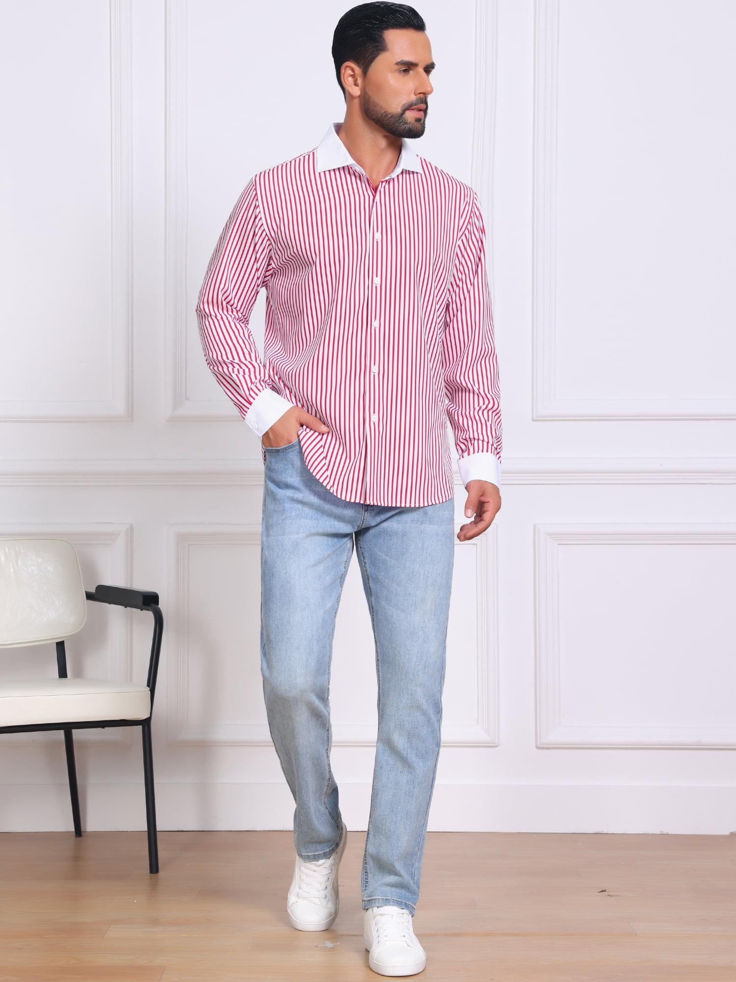 DARING DIVA Men's Striped Button Down Long Sleeve Stretch Shirts 2XL Red