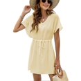 thumbnail image 1 of Women V Neck Short Sleeve Bikini Cover Up Loose Hem Waist Drawstring Tie Side Split Swimsuit Cover Up Dress Beige L, 1 of 1
