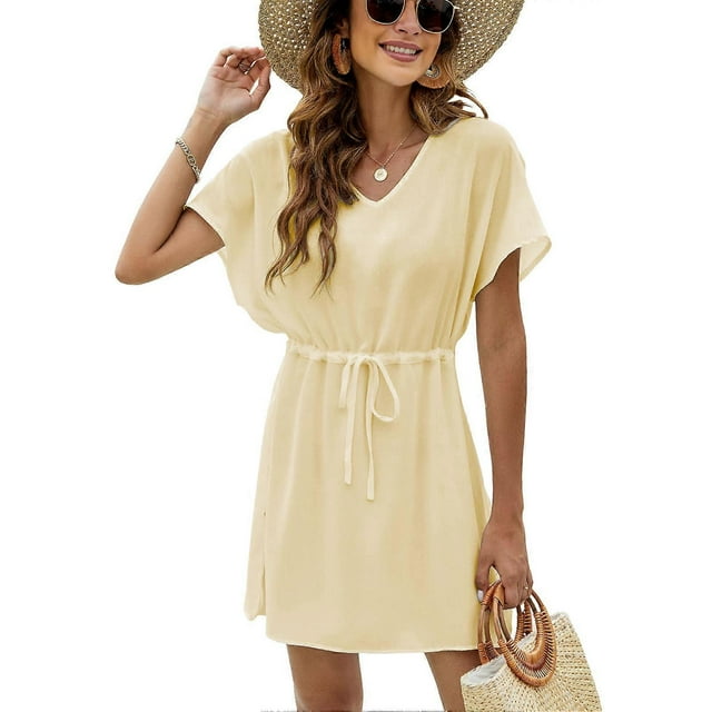 Women V Neck Short Sleeve Bikini Cover Up Loose Hem Waist Drawstring Tie Side Split Swimsuit Cover Up Dress Beige L