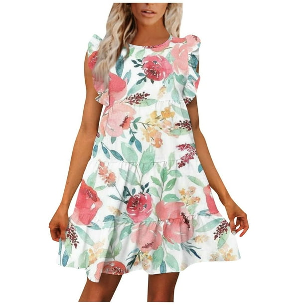 Puntoco Vestido De Manga Corta Con Cuello En V, Vestido De Verano Para Mujer, Cuello Redondo, Estampado Casual, Manga Corta, Vestido Con Volantes, Verde Xxxl