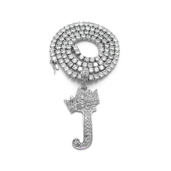 iJewelry2 Kings and Queens Crowned Initial Letter J Pendant Silver-tone CZ Tennis Chain Necklace 18''