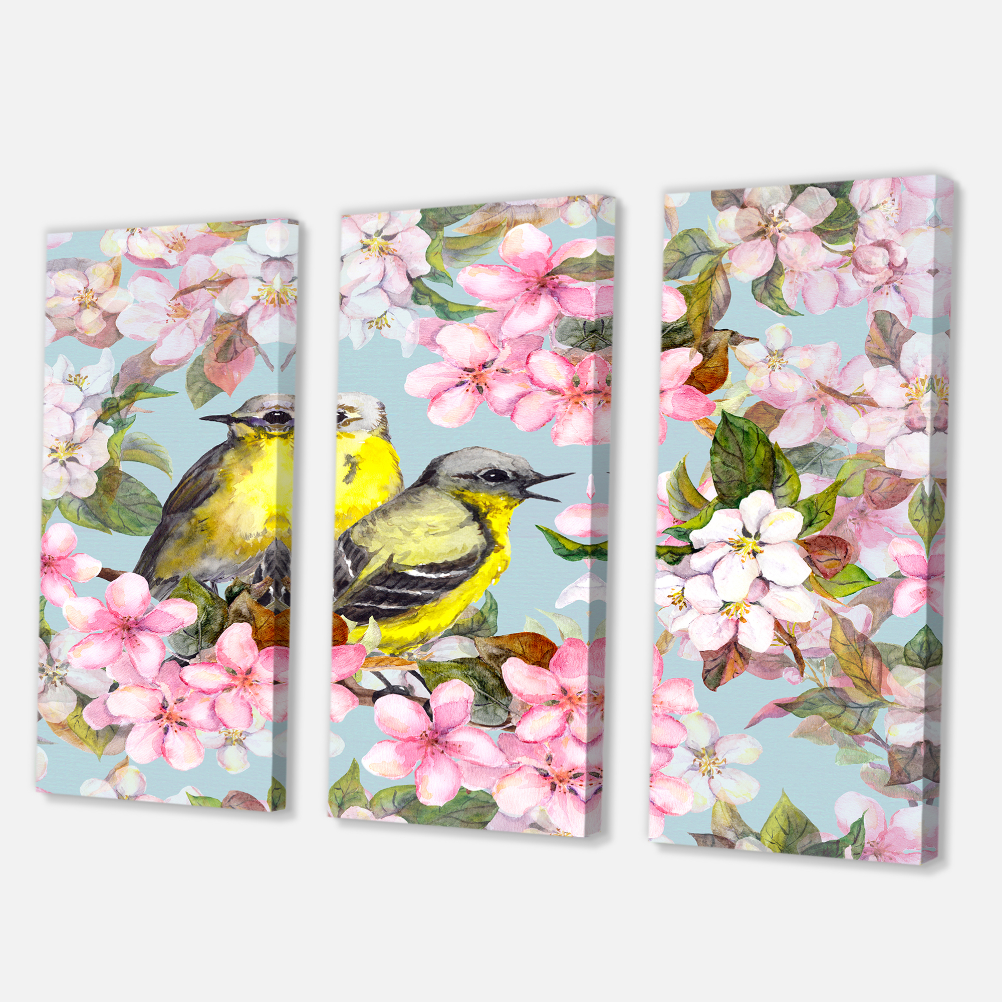 Designart ' Birds On Pink Cherry Sakura and Apple Flowers II ' Traditional Canvas Wall Art Print