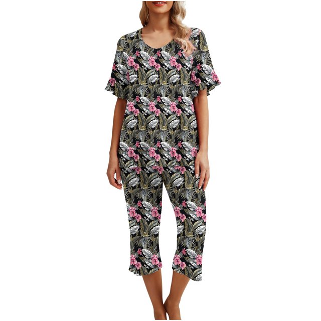 wmjolc Ensemble de Pyjama pour Femmes Ensemble de Vêtements de Détente Classique Col Rond Manches Courtes et Pantalon de Pyjama Taille Élastique Ensemble de Pyjama Décontracté Confortable