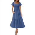 thumbnail image 2 of Vestido Veraniego Midi Bohemio de Corte A, Holgado, con Escote Cuadrado y Mangas Abullonadas, con Bolsillos, en Azul Marino, Talla S, 2 of 8