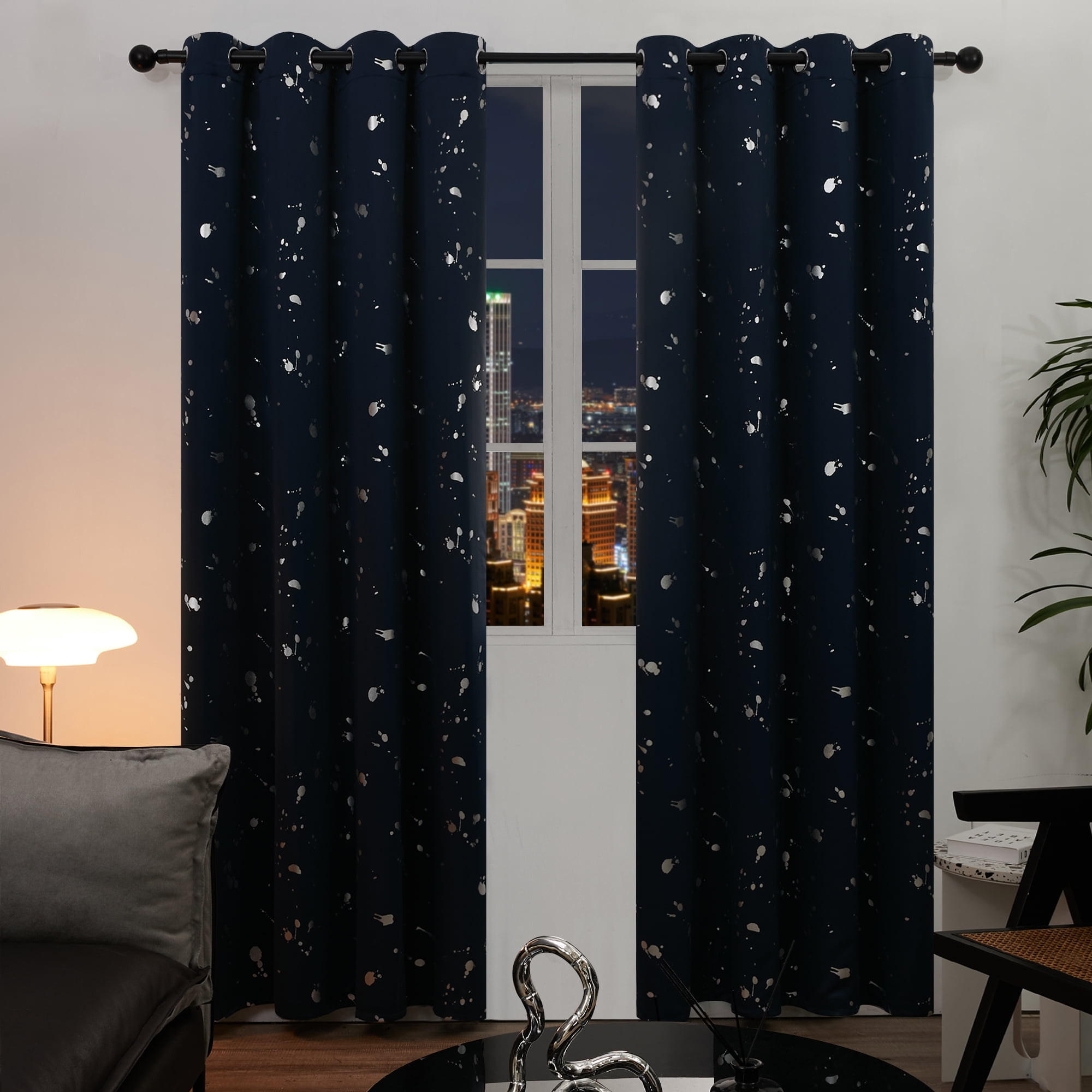 NEW 2 PRINTED SILVER GROMMET PANELS LINED BLACKOUT WINDOW CURTAIN BETH NAVY 