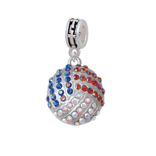 Large Super Sparkle Crystal Red White & Blue Volleyball - Cross Charm Bead