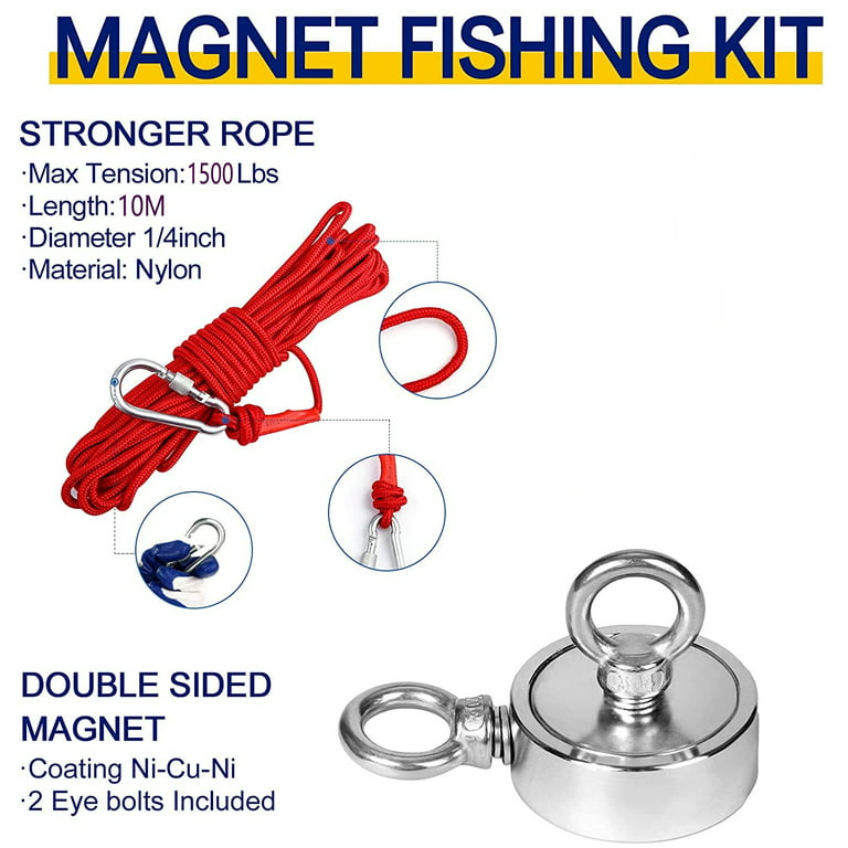 FISHING MAGNET KIT DOUBLE SIDE 400-1100LBS PULL FORCE STRONG NEODYMIUM +  ROPE + CARABINER 