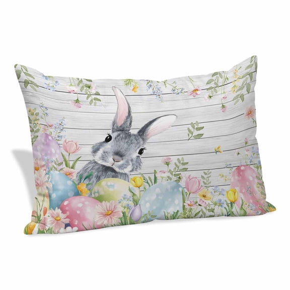 Easter Pillow Covers 16"x24", Spring Bunny Colorful Eggs Plants Wooden Grain Soft Brushed Microfiber Breathable Throw Pillow Covers, Decorative Pillowcase with Zipper for Couch Sofa Bedroom